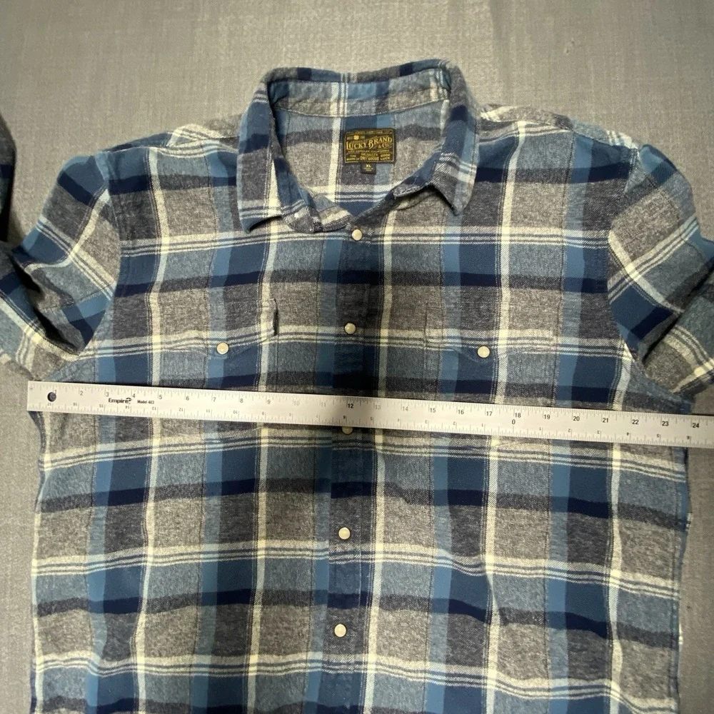 Lucky Brand Flannel Western‎ Pearl Snaps Shirt Blue Gray Plaid Mens Size XL